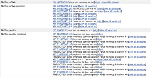 Sequences from external sources are aligned against Ensembl features. For ENST00000315596.14 (http://e87.ensembl.org/Homo_sapiens/Transcript/Similarity?db=core;g=ENSG00000083642;r=13:1-50000000;t=ENST00000315596), a number of predicted RefSeq peptide sequences have been aligned with small mismatches. The curated RefSeq peptide NP_055847 aligns perfectly but the corresponding mRNA sequence, NM_015032.3, does not, indicating that there is a difference in the UTR sequence of this transcript.