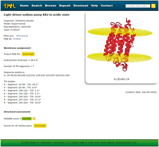 Screenshot of a TMPL entry page. Left: information about the protein structure, the membrane assignment, and the structural assessment. Right: interactive visualization of the protein structure with the membrane planes (represented by two grids of atoms). Top: the navigation bar, with the different sections of the website, and the ′quick search′ text area.