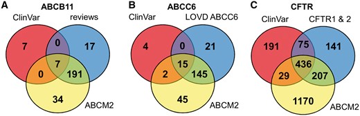 Distribution of ABCB11, ABCC6 and CFTR variants between ClinVar, ABCM2, and other resources.