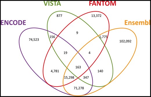 GeneHancer candidate enhancers. Venn diagram of the 284 834 candidate enhancers, split by the sources reporting each enhancer. Pairwise comparisons statistics (P, Fisher’s exact test P-value; OR, odds ratio; C, Clusters count): ENCODE–Ensembl (P = 8.1 × 10−319; OR = 19.6; C = 87 086), ENCODE–FANTOM (P = 1.9 × 10−319; OR = 17.1; C = 20 261), ENCODE–VISTA (P = 1.9 × 10−140; OR = 3.6; C = 685), Ensembl–FANTOM (P = 1.9 × 10−319; OR = 9.8; C = 17 240), Ensembl–VISTA (P = 5.8 × 10−136; OR = 3.5; C = 654), FANTOM–VISTA (P = 1.1 × 10−51; OR = 4.1; C = 195).