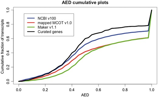 Annotation edit distance (AED) plot comparing NCBI v100 annotation (20 996), the mapped MCOT v1.0 annotation (19 744), Maker v1.1 (18 205) and curated genes (530) generated from a genome-guided transcriptome assembly based upon the NCBI-Diaci1.1 genome. AED cumulative fraction of transcripts plot shows that genes in the NCBI v100 annotation have more expression evidence support compared to MCOT v1.0 mapped set. Curated genes show better evidence support compared to any other automated prediction pipelines.