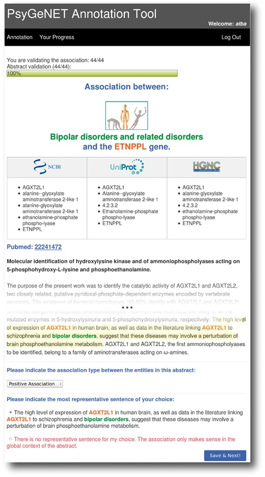 The PsyGeNET annotation tool. A screenshot of the annotation tool is shown, see the text for more details.