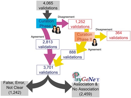 The PsyGeNET curation workflow results. The workflow includes the results in each phase according to the agreement or disagreement between experts and the final number of associations included in the new version of PsyGeNET database (PsyGeNET V.02) according to the evidence that support each annotation.
