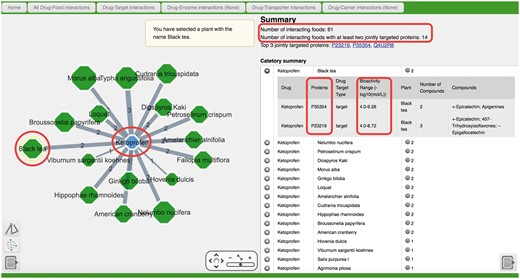The example output page when using the drug Ketoprofen as a query of Drug–Food Interaction section.
