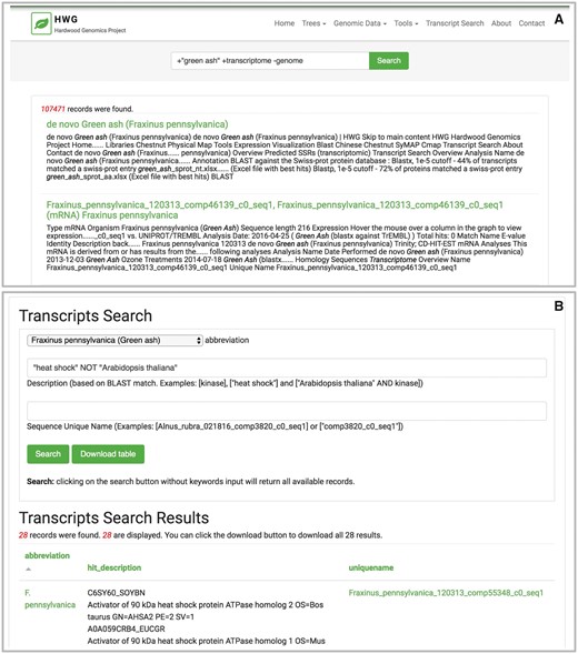 The Tripal Elasticsearch module builds content blocks for search forms. Using the Drupal block system, a search block may be displayed on every page, on its own dedicated page or on a specific page or pages across the site. Screenshots are taken from the Hardwood Genomics Web where the Tripal Elasticsearch module is in production use. (A) The generic site-wide search block includes a single, global search field and search button. (B) A table-specific search form provides additional search fields for more advanced filtering of results. Here, transcript results are quickly returned from a database containing over 500 000 transcript records and >13 600 000 BLAST hits.