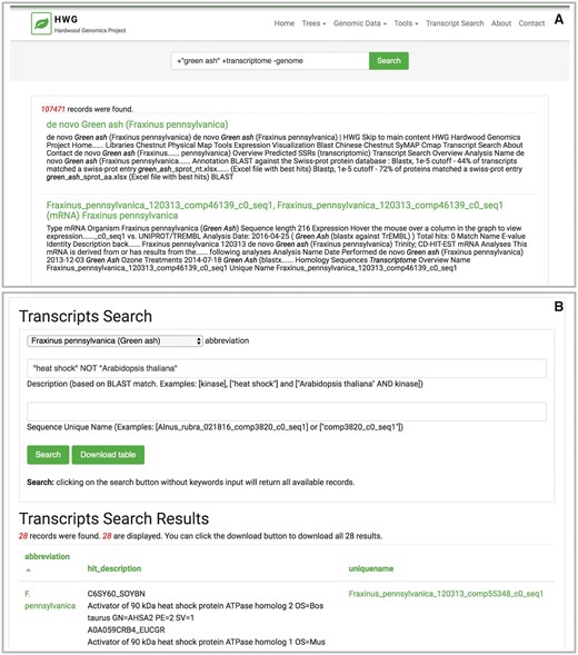 The Tripal Elasticsearch module builds content blocks for search forms. Using the Drupal block system, a search block may be displayed on every page, on its own dedicated page or on a specific page or pages across the site. Screenshots are taken from the Hardwood Genomics Web where the Tripal Elasticsearch module is in production use. (A) The generic site-wide search block includes a single, global search field and search button. (B) A table-specific search form provides additional search fields for more advanced filtering of results. Here, transcript results are quickly returned from a database containing over 500 000 transcript records and >13 600 000 BLAST hits.