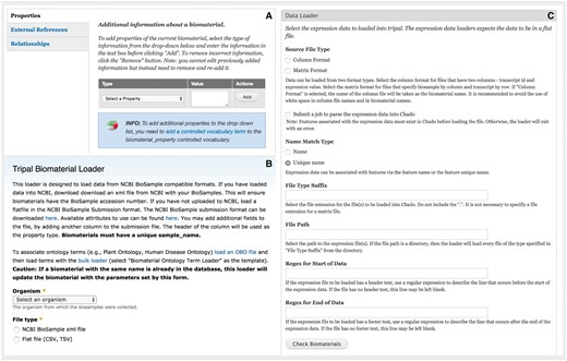 Administration interface of the Expression module. (A) Administrators can add customizable property fields to biomaterial record to provide metadata about experimental conditions, tissue, developmental stage, etc. These fields must be registered as a part of a controlled vocabulary through the core Tripal Controlled Vocabulary module. (B) The module is able to bulk load biomaterials from a CSV file or an NCBI BioSample XML formatted file. (C) The module can load expression data in column or matrix formats. These formats are described at the top of the page. The interface also allows the administrative user to specify regular expressions to exclude any header or footer text in the file that should be ignored such as column headings.