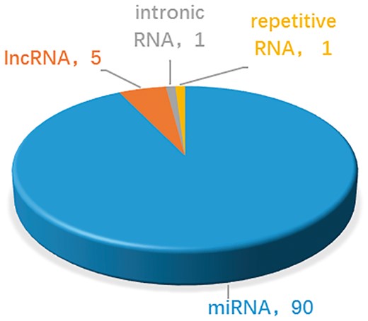 Statistics and distribution of different types of ncRNAs as drug targets in the NRDTD database.