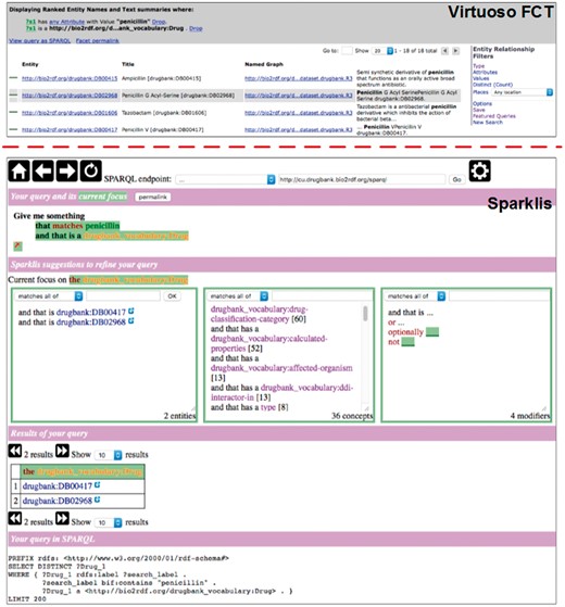 User interfaces of Virtuoso FCT and Sparklis.