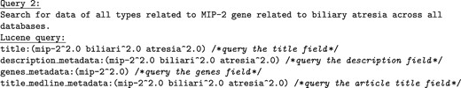 Example of Query 2 transformed into the Lucene query syntax targeting multiple fields. Note that concept terms identified in the query are boosted with a factor of 2.