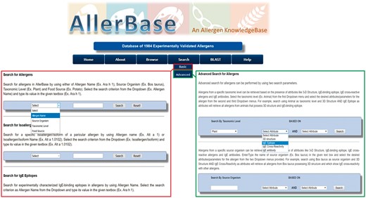 Basic and advanced search utilities of AllerBase.