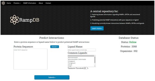The RampDB home page. The home page consists of the dual search utility tool along with links to additional information regarding RAMPs, GPCRs and ligands.