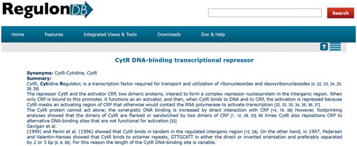 Summary of CytR from RegulonDB (http://regulondb.ccg.unam.mx/regulon?term=ECK120012407&organism=ECK12&format=jsp&type=regulon).