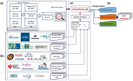 Complete methodology for the construction of In-Cardiome knowledgebase: (a) text-mining tools and data sources used for fetching CAD-associated genes, and manual curation. (b) Identification of databases for specific information for In-Cardiome gene/proteins. (c) Data connectivity and construction of database using MySQL. (d) Data classification in In-Cardiome.