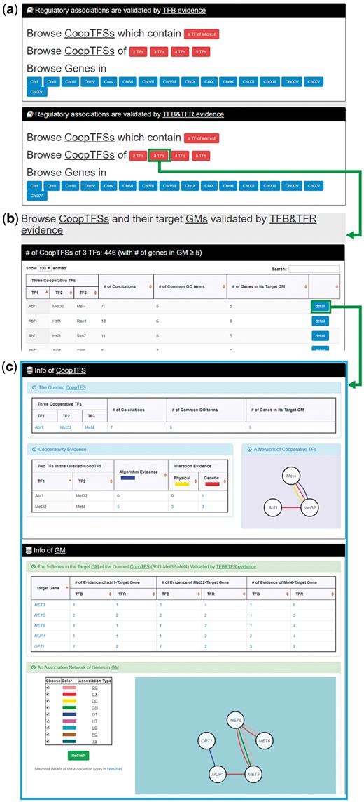 The input and output pages of the second browse mode. (a) In the second browse mode (i.e. browse by CoopTFSs), users have to select two settings: the number of TFs in a CoopTFS and the experimental evidence (TFB or TFB&TFR) of the regulatory associations. (b) After submission, YGMD returns all CoopTFSs which satisfy the settings and have at least five (for choosing TFB&TFR) or fifteen (for choosing TFB) genes in its target GM. (c) The detailed information of each CoopTFS could be found by clicking the ‘detail’ button.