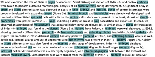 Knowtator screenshot of a paragraph of an article in the public set of the CRAFT Corpus, in which each mention of an anatomical concept explicitly represented in the Uberon ontology has been annotated.