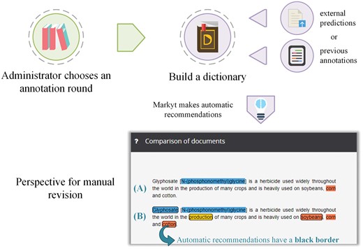 Production life cycle of the automatic annotation recommendations. The administrator can generate recommendations based on annotation history, asset of externally generated annotation predictions or a dictionary. Annotators will manually revise these recommendations (visually differentiated by the use of bordered marks).