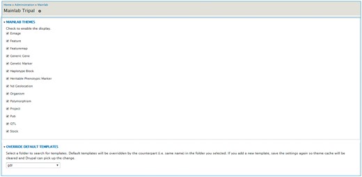 Mainlab Tripal Data Display admin page. Users can enable any templates and choose to over-ride default templates after site-specific modification.