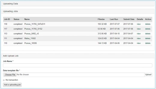 Data uploading page of the MCL user interface. The uploading page shows the status of all the submitted uploading jobs and provides links to each job details page.