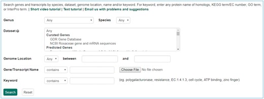 Search page for genes and transcripts in GDR. Users can search genes and transcripts using various filters such as genus, species, dataset, aligned genome location, name and keyword.