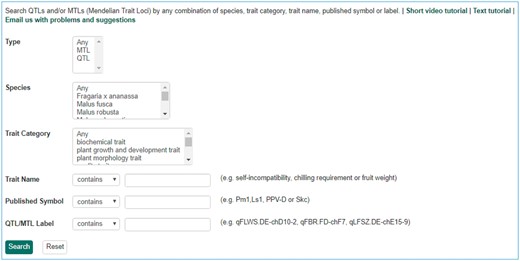 Search page for QTL in GDR. Users can search QTL or MTL by type, species, trait category, trait name, published symbol and/or label.