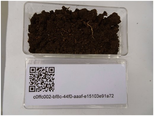 UUID-QR labelled box with soil sample being imaged at the sampling site Ruma (Kenya) with a digital camera with GNSS resp. GPS functionality.