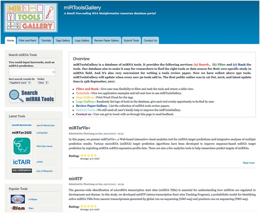 The homepage of miRToolsGallery. Bottom of banner is the navigation of the website, including Home, Filter and Rank, Tutorial, Tags Gallery, Logos Gallery, Review Paper Gallery, Submit Tools and Contact Us. The first left sidebar holds the Search Input. The second left sidebar is the tools list which by default is ranked by latest published year. The third left sidebar is the tools list which is default ranked by popularity (PageRank score). The top of content region is the brief introduction of miRToolsGallery and version information followed by the list of new submitted miRNA tools.