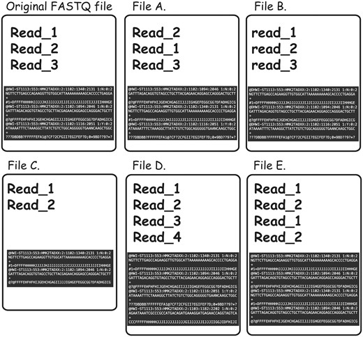 Types of FASTQ file duplications detectable using FASTQ signature heuristic. It is important to note that all the cases presented here are not detectable using MD5 hash or content MD5 hash function approaches, as those functions’ results will be different from the original FASTQ file for all listed files. File A represents a case where reads from original file are out of order. FASTQ signature heuristic would detect duplication of this type. File B is identical to the original file, except for a small change in read names making detection of file content duplication challenging. Since FASTQ signatures are constructed using only parts of the read name, the ability of the heuristic to detect duplication will rely on the exact places the read names were modified. File C contains subset of the reads from original file and will be detected by FASTQ signature heuristic. File D contains reads not present in original file; however, it will be reported as a potential duplication because it contains reads identical to the content of original FASTQ file. File E will be reported as duplication of the original FASTQ file, since Read_1 and Read_2 appear in both files. However, File E contains both internal duplication and external duplication of the original FASTQ file. The internal duplication is not detectable using our current FASTQ signature approach.