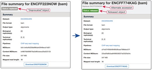 Example of our de-duplication mechanism. BAM files ENCFF223NOW and ENCFF774KAG were found to be data objects representing the same file. To resolve this situation of file objects duplication, ENCFF223NOW was deprecated (status changed to ‘replaced’) and the accession ENCFF223NOW was added to the list of alternate accessions of the file ENCFF774KAG. Searches for ENCFF223NOW are automatically redirected to the file ENCFF74KAG.