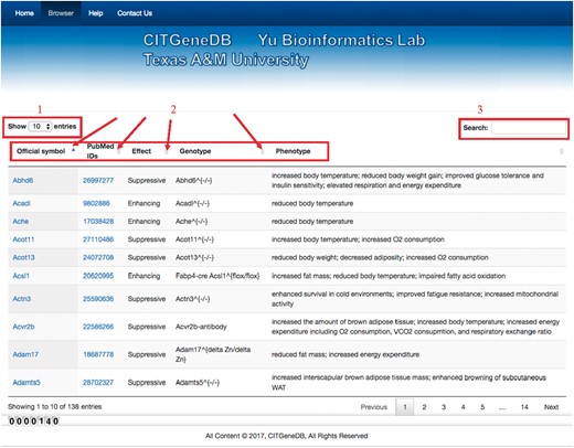 Web interface of CITGeneDB. To share the CIT-enhancing/suppressive genes, the CITGeneDB web interface was created. In the figure, label 1 is for setting the maximum number of entries on one page. Label 2 represents the main information of CIT genes including official symbols (the official gene symbol from MGI or HGNC), PMIDs of the papers supporting the thermogenesis role of the genes, Effect (whether the gene enhances or suppresses thermogenesis), Genotype (what genes were perturbed and how the genes were perturbed), and Phenotype (affected phenotypes supported by experiments). Label 3 provides the search box for the inquiry about CIT-enhancing/suppressive genes.