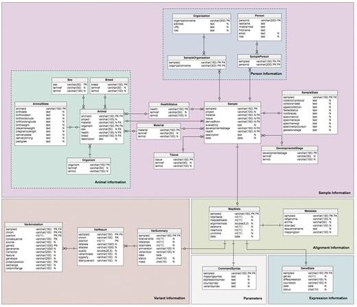 Schema of the TransAtlasDB RDB system. The MySQL tables are grouped by data stored (i.e. Sample Information, Alignment Information, Expression Information and Variants Information).
