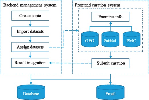 Workflow of GEOMetaCuration. 1) The administrator creates a topic and imports the metadata of a list of datasets to GEOMetaCuration. 2) These datasets are assigned to multiple curators to ensure curation accuracy. 3) The system sends the curators notification emails about the assignments. 4) The curators curate the assigned datasets independently. 5) The curated results are recorded on GEOMetaCuration. 6) The administrator collects the curation results from GEOMetaCuration.