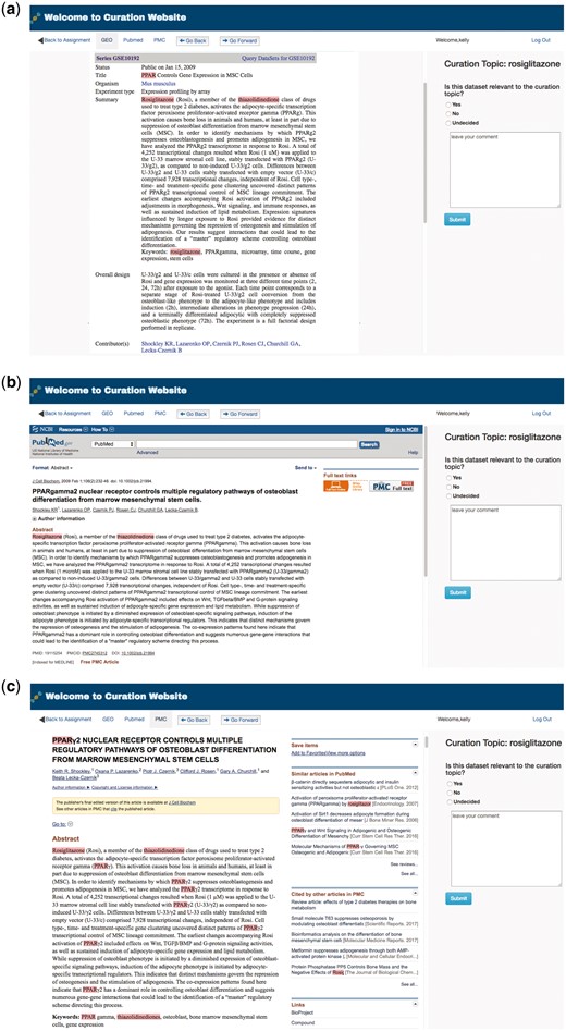 Preloaded GEOMetaCuration webpages for the metadata curation of GSE10192. To expedite metadata curation, GEOMetaCuration is designed to preload webpages for curators to avoid waiting for these webpages to open. To assist in quickly identifying relevant information, predefined keywords are highlighted on the webpages. For the example of GSE10192, keywords are highlighted on three preloaded webpages: (a) the GEO dataset description webpage, (b) the PubMed abstract webpage of the corresponding publication, and (c) the PMC webpage for the full paper.