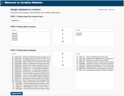 Administration webpage for assigning datasets to multiple curators. The administration webpage allows efficient assignment of datasets to multiple curators for any given specific curation task. Once s/he selects a curation topic, the administrator can then concurrently select the curators and the datasets for an assignment.