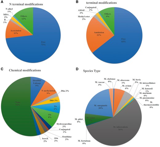 Statistical distribution of peptides in AntiTbPdb based on (A) N-terminal modification, (B) C-terminal modification, (C) chemical modification and (D) effectiveness against Mycobacterium species.