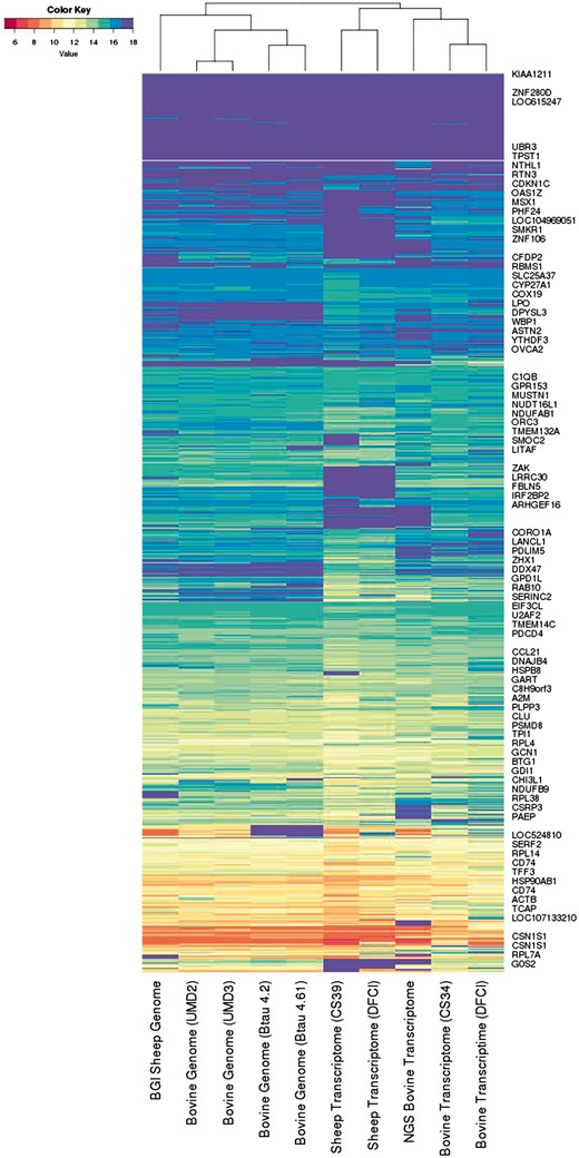 The information spectra and co-spectra for the EST dataset. Each row depicts the spectrum of an EST, and each column depicts the co-spectrum of a reference.