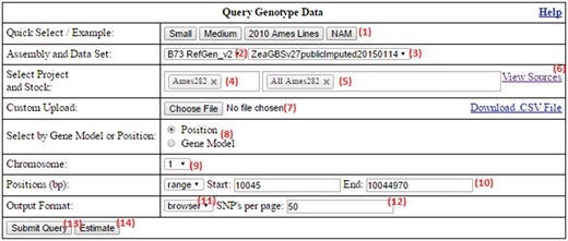 The SNPversity homepage form at MaizeGDB. The homepage contains many data and visualization options that allow the user to reach the right data sets and display the desired information in the desired formats. Please see text for additional details.