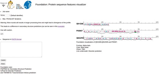 Foundation. Snapshot of Foundation’s main page. The input box allows only single protein sequences. The number of PSIBLAST iterations can be modified using the drop-down menu (center-left). On right side of the page there are some examples of the output and the legend.
