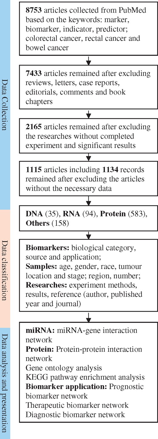 Schematic flow of the CDB construction and application. After a series of standard selections (the detail description in the data collected section) there were 1115 articles selected from PubMed as the articles for our database construction. The biomarkers were categorized as DNA, RNA, protein and others. The multiple statistical and bioinformatic analyses can be used for further study on the biomarkers.