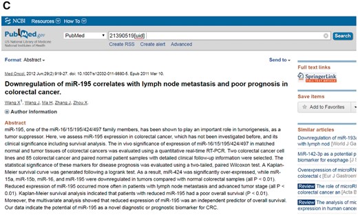 An example of a biomarker work flow in the CBD. The detailed information of the biomarkers can be found in the CBD such as miR-195. (A) The detailed information page; (B) The ontology page; (C) PubMed page. The genes are linked to NCBI gene database, and the original articles are directly linked to PubMed.