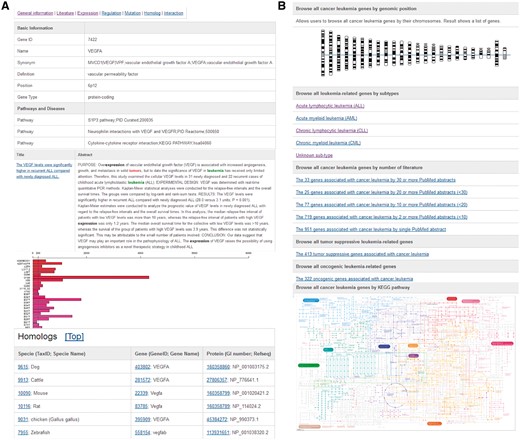 Web interface of the dbLGL. (A) A typical gene entry, which includes the basic information, curated literature, gene expression, and pre-computed lncRNA co-expression results using TCGA CRC tumor samples. (B) The data browsing interface.