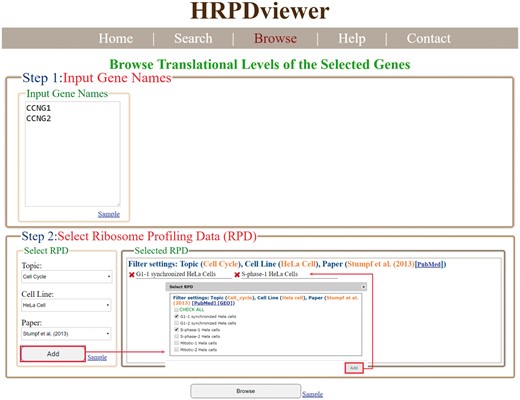 The input page of the browse mode. Users have to input a list of genes and select RPDs to be shown.