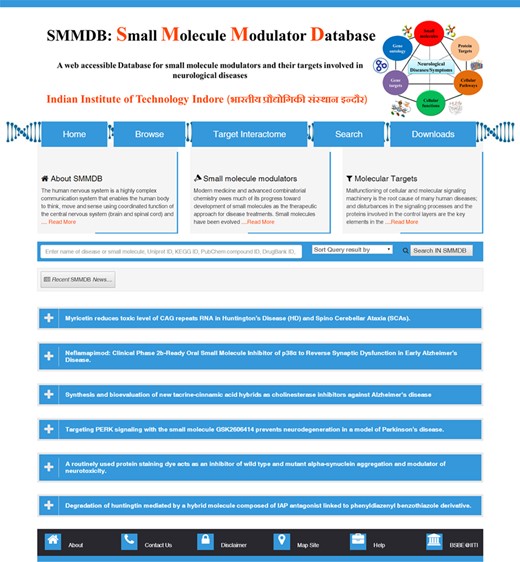 Home page of SMMDB (those involved as therapeutics in neurological disease). Screenshot Illustrating the browse, search and download options.