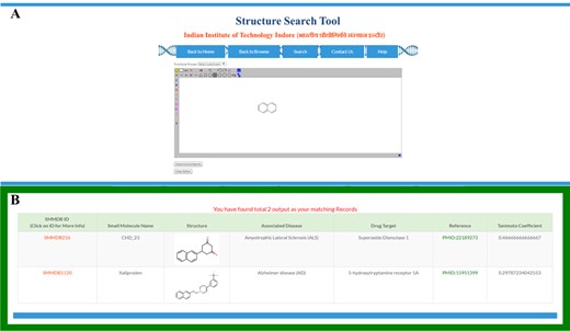 Structural search. Screen shot of (A) structure search tool and (B) output of structure search form.