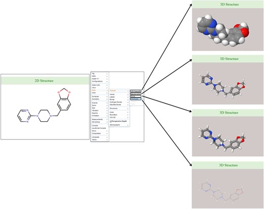 Ligand structure visualization. Screenshots of example showing various 2D and 3D structure representations.