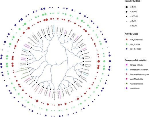 Compound similarity-based clustering in an example bioactivity dataset with C-SPADE. The dataset contains 75 compounds across three types of cell lines, with a subset of compounds annotated by the inhibitor type using different color codes as shown in the legend. Bubble size represents five potency classes in terms of IC50, which are color coded for different activity classes.