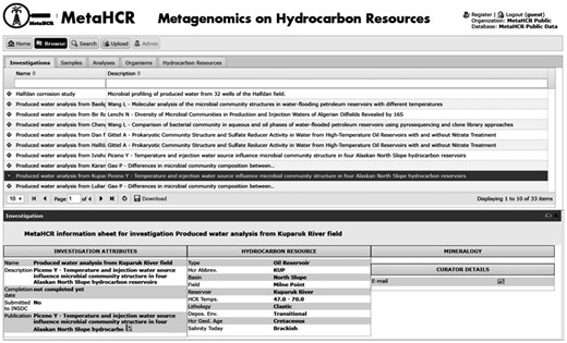 Screenshot of an Investigation infosheet. Display of information related to the investigation such as type of samples analyzed, reference to any associated publications (linked to PubMed), description of the HCR (e.g. temperature, geology, salinity, lithology, etc.) and other relevant information (when available).