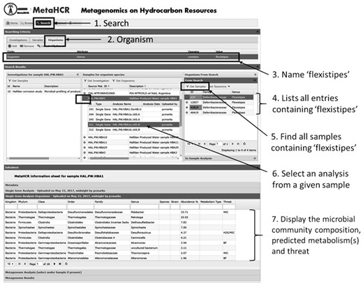 Example of search functionality. The search functionality provides an intuitive way to search for organisms and contextual data. In this example, the organism Flexistipes was searched in an effort to find any samples associated with this organism (steps 1–5). In addition, all organisms identified in a given sample can be listed along with their predicted metabolisms and threat they may pose to the production system (steps 6 & 7).