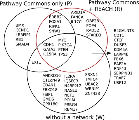 Reach allows Mutex to detect seven new candidate ‘driver’ genes for breast cancer which are not detected otherwise, when using PCs alone, or without using any network. We observed similar results for six other cancers in the TCGA data set.