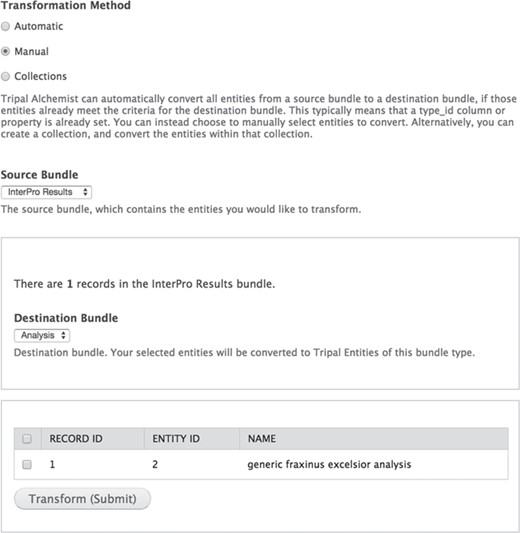 The Tripal Alchemist administrator tool. The Tripal Alchemist administrator interface. To convert entities, the administrator must first select a transformation method (top). In this example, choosing the manual method allows conversion of selected entities from a source type to a destination type (middle). The available source entities are then presented in a table (bottom), which the user can select from and submit.
